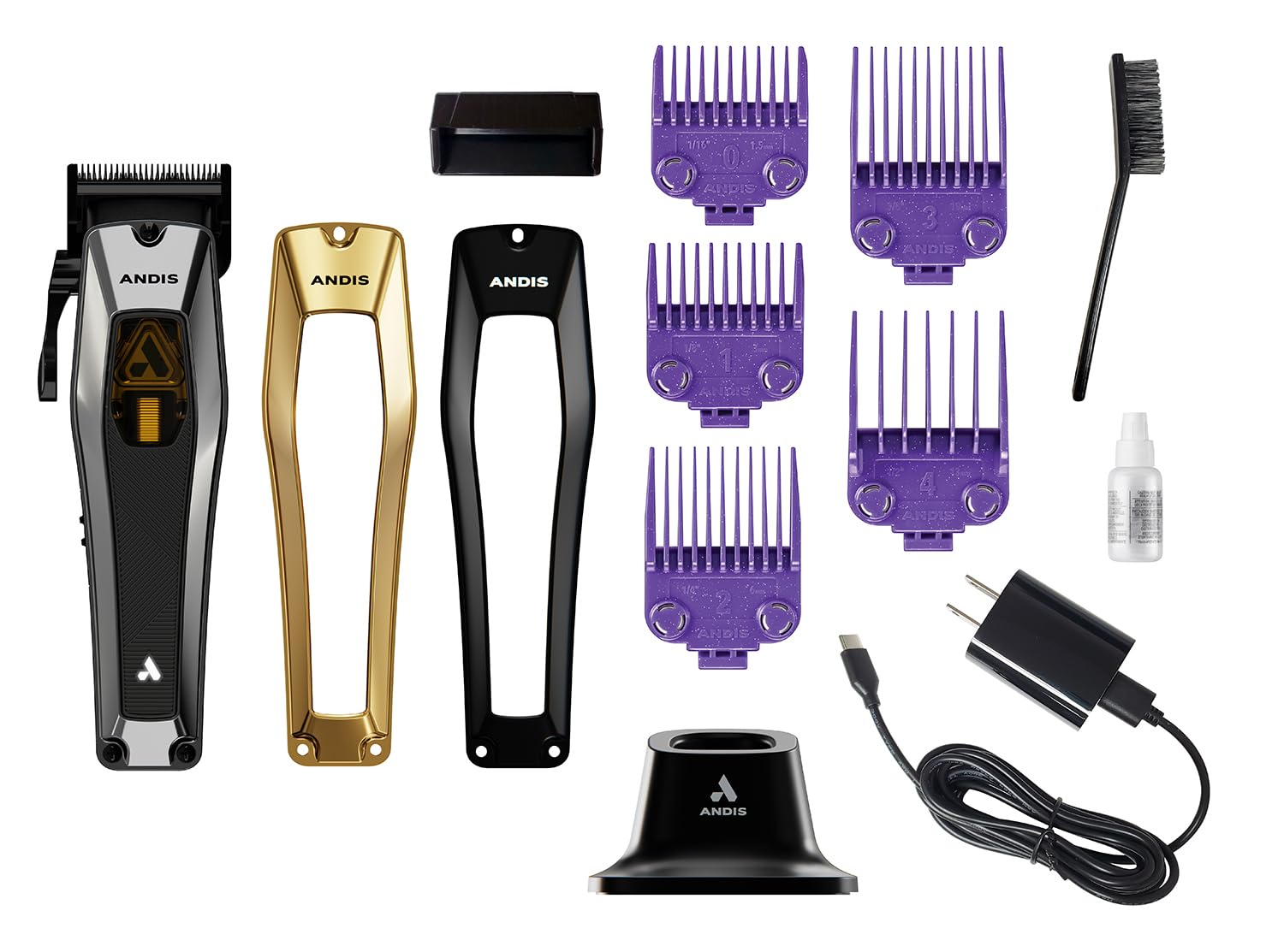 White Smoke Andis 562446 Recon Professional Barber Vector Motor Hair Clipper, Adjustable-Fixed Phaze Blade, Includes OG Comb Set, Lithium Ion 4-Hour Run Time, Interchangeable Covers, Black/Gold