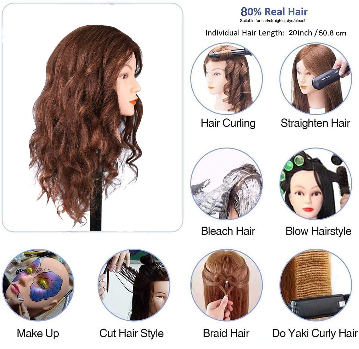 White Smoke Mannequin Head with 100% Human Hair, SZCY LLC 18" Dark Brown Real Hair Cosmetology Mannequin Head Hair Styling Hairdressing Practice Training Doll Heads with Clamp Holder