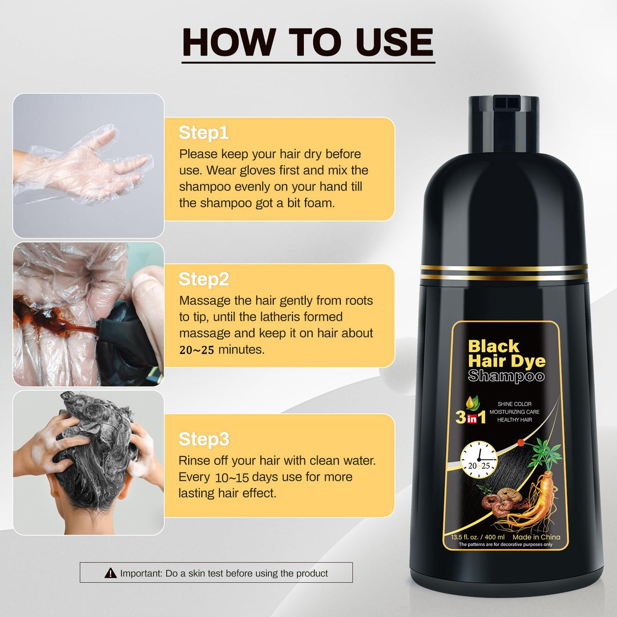 Light Gray Black Hair Dye Shampoo 3 in 1 Champu Para Canas for Gray Hair Coverage, Natural and Herbal Color Shampoo for Women