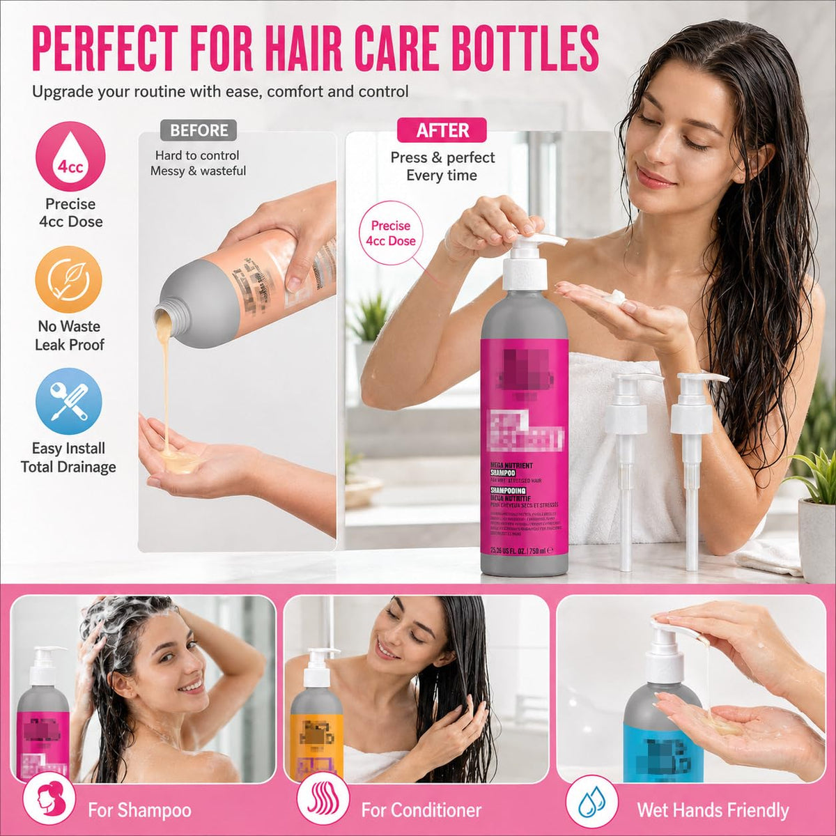 White Smoke Shampoo/Conditioner Pump Compatible with TIGI Bed Head 25.36 Fl Oz Bottles, Dispenser Liter Pump for Bed Head Shampoo and Conditioner, 2-Pack