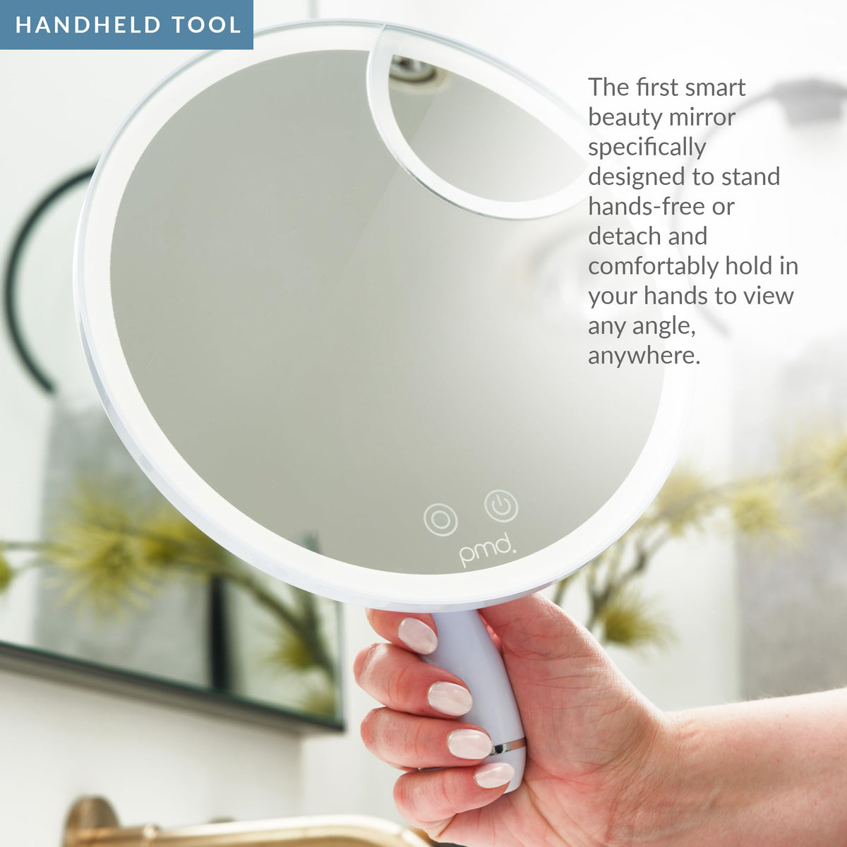 White Smoke PMD Beauty LED Makeup Mirror with Lights - TriLume Technology - Handheld Vanity Mirror - Three Modes, 360° Rotation, 5X Magnification, Travel Ready - with Review Serum