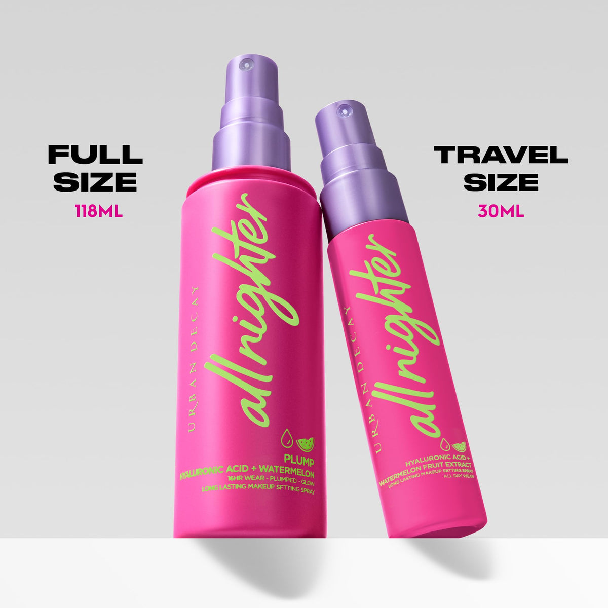 Light Gray Urban Decay All Nighter Hyaluronic Acid Waterproof Dewy Setting Spray for Face (Travel Size), Luminous Glowy Look, Long-lasting, Smudge-proof & Transfer-resistant Makeup, Watermelon Scent - 1 fl oz
