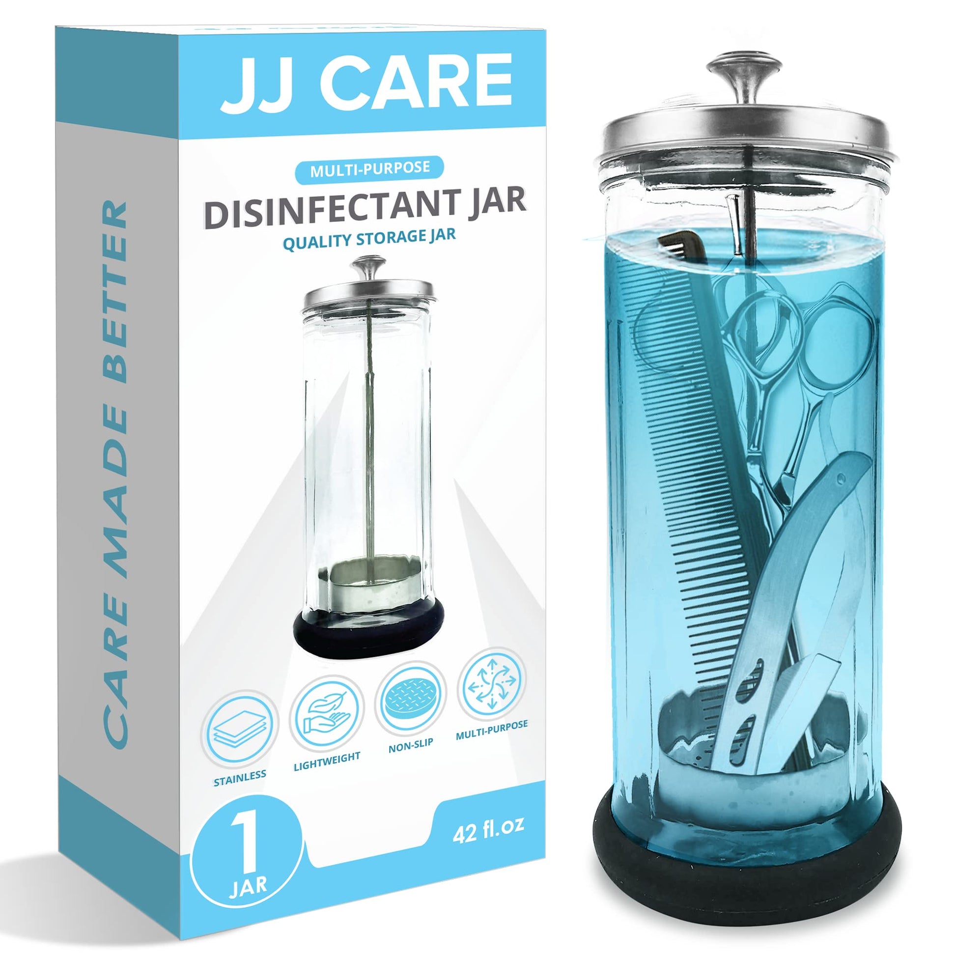 White Smoke JJ CARE Disinfectant Jar (42oz) - Barber Disinfectant Jar Glass, Sanitizer Container w/Stainless Steel Removable Strainer & Cap for Manicure, Salon, Spa and Barber Tools - Silver Lid