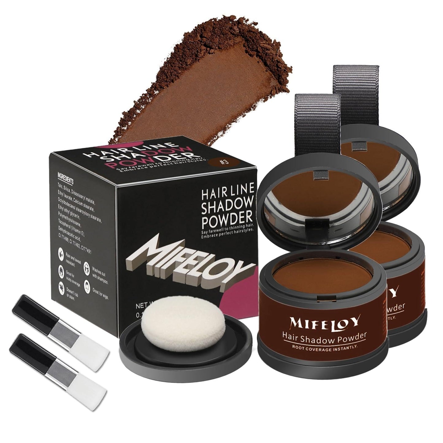 White Smoke MIFELOY 2 Pack Root Touch Up and Gray Coverage Powder for Hair, Beard, Eyebrow, and Thinning Hairline - Dark Brown