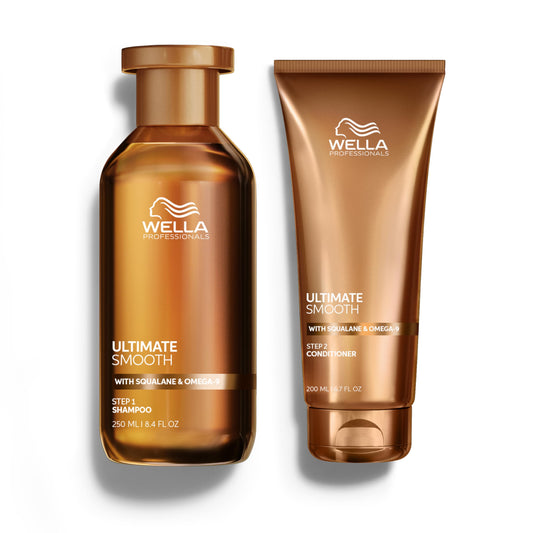 White Smoke Wella Professionals ULTIMATE SMOOTH Shampoo 8.4 Fl Oz. + Conditioner 6.7 Fl Oz. Bundle | For Dry, Dull & Frizzy Hair | With Squalane & Omega 9