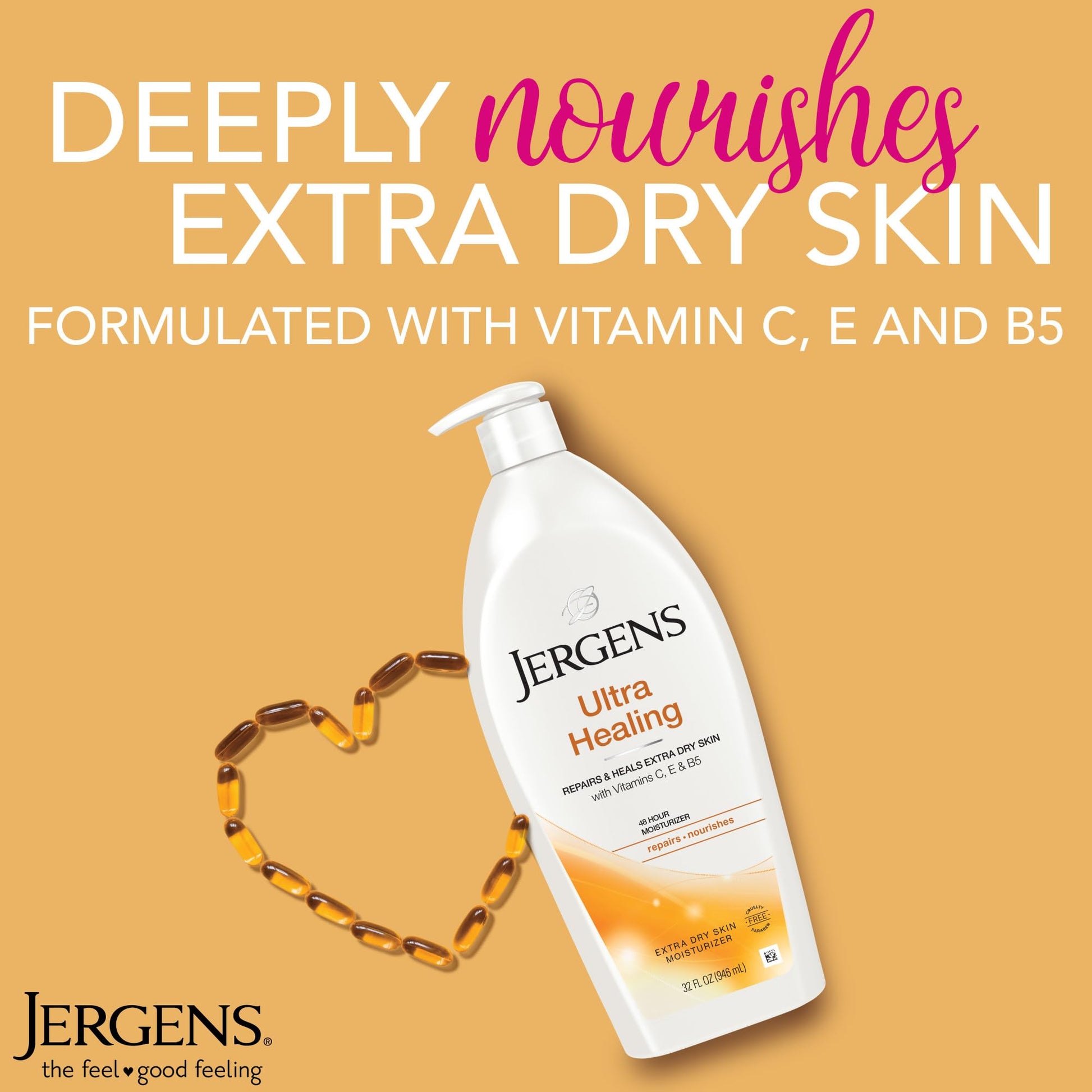 Sandy Brown Jergens Ultra Healing Dry Skin Lotion, Hand and Body Moisturizer for Quick Absorption into Extra Dry Skin with Hydralucence Blend, Vitamins C, E and B5, White, 32oz