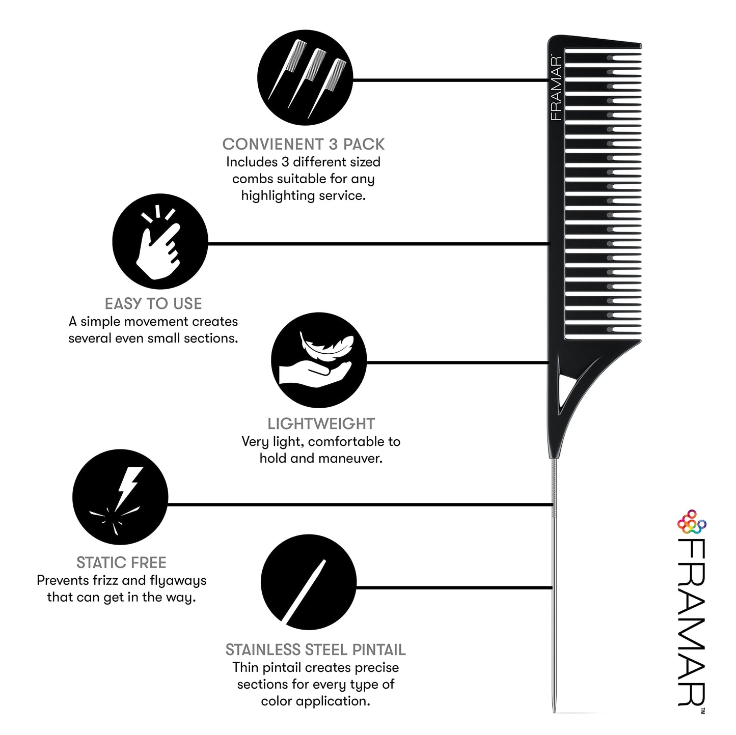 White Smoke FRAMAR Dreamweaver Highlight Comb Set - Professional Highlighting Comb With Parting Tip, Foiling Combs For Highlighting, Highlight Combs For Highlighting – 3 Pack Black