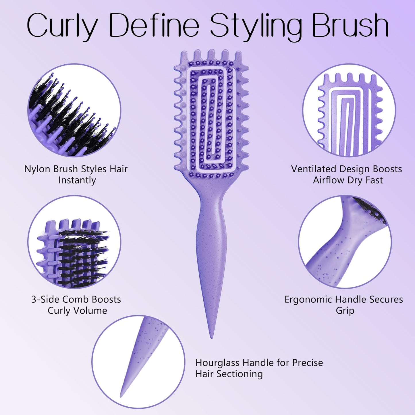 Lavender Curly Hair Brush,Curl Defining Brush for Effortlessly Defined Curls & Waves,Vented Hair Brush for Wet & Dry Hair,Women and Men,Reduces Frizz (Purple)