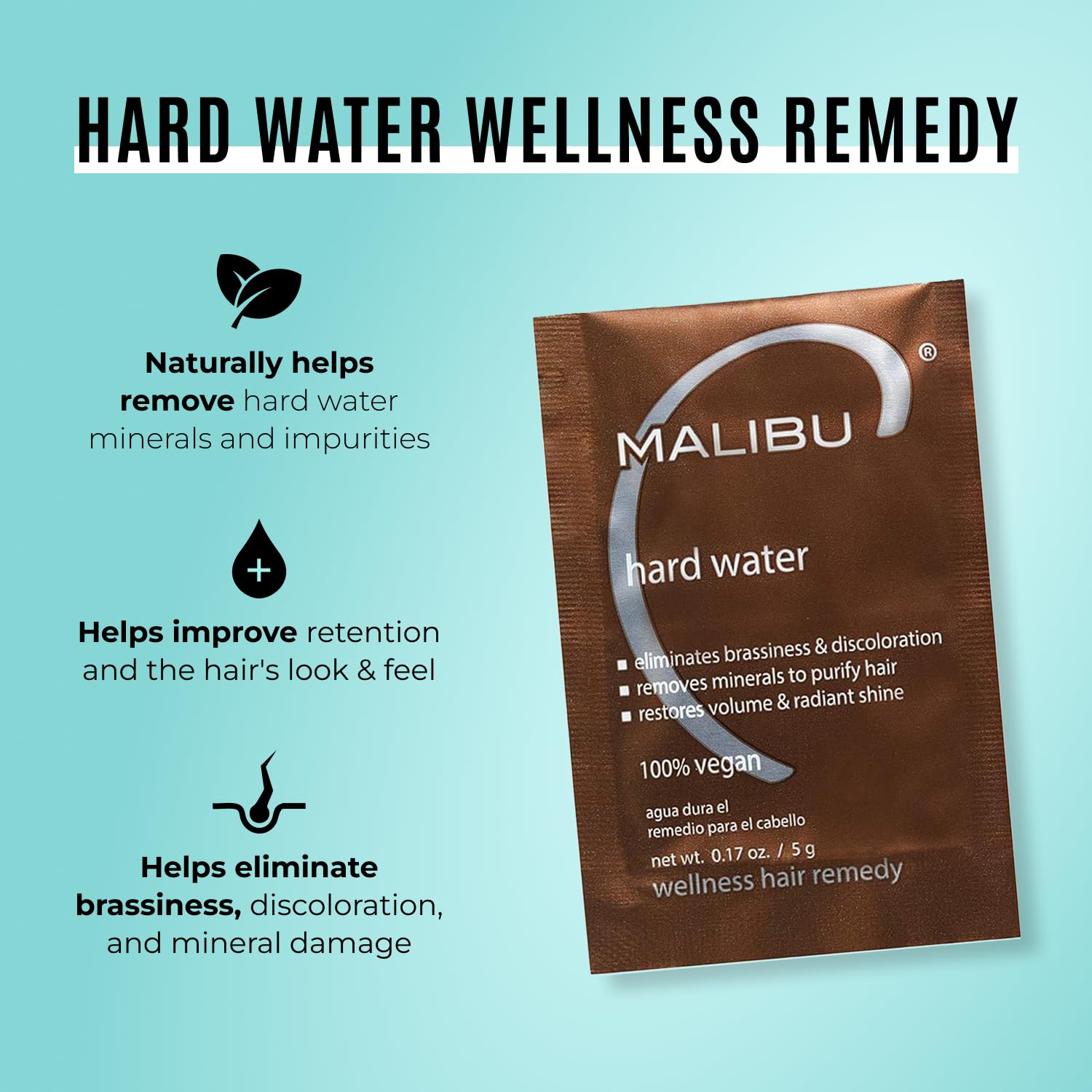 Pale Turquoise Malibu C Hard Water Hair Remedy - Chelating Treatment Packets for Mineral Buildup & Scalp Detox - Removes Deposits, Prevents Discoloration, Restores Shine - Vegan Hair Care Products, 3 Packets