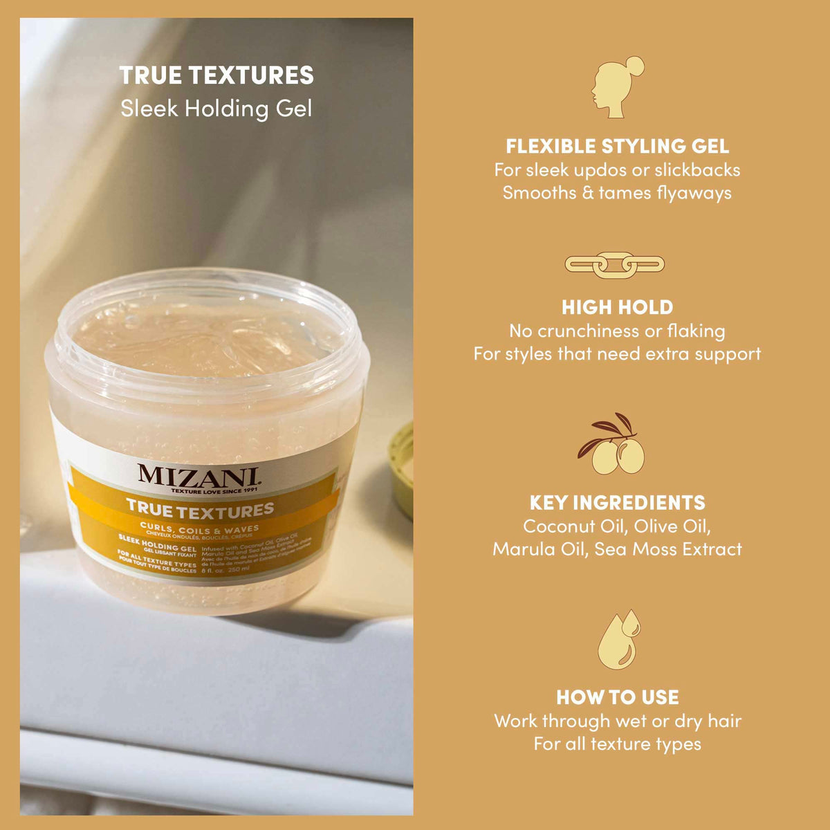 Sandy Brown Mizani True Textures Sleek Holding Gel - Firm Hold Hair Gel, Flexible, Flake-Free, For All Hair Types