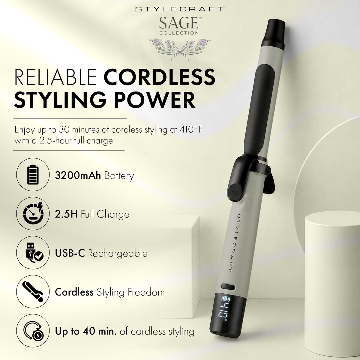 Antique White StyleCraft Sage 1" Ceramic Rechargeable Cordless Curling Iron & Wand