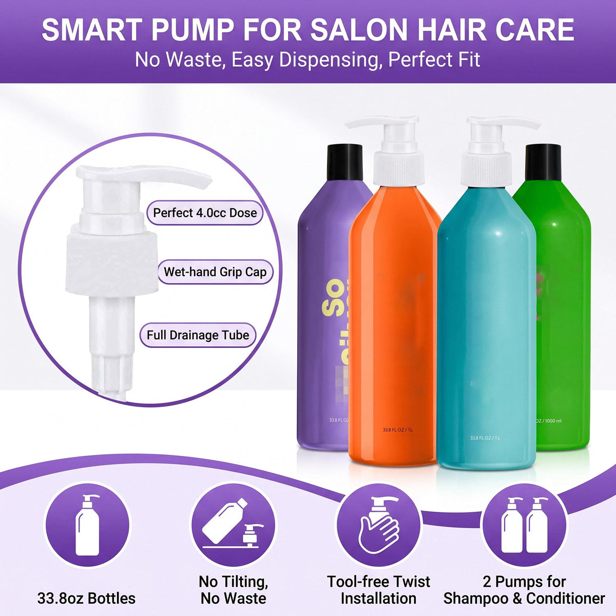 White Smoke 2 Packs Shampoo/Conditioner Pump Compatible with Matrix 1 L/33.8 Fl Oz Bottles, Dispensing Liter Pump for Matrix Food for Soft Pumps Purple Bottles Liter Pumps Dispenser