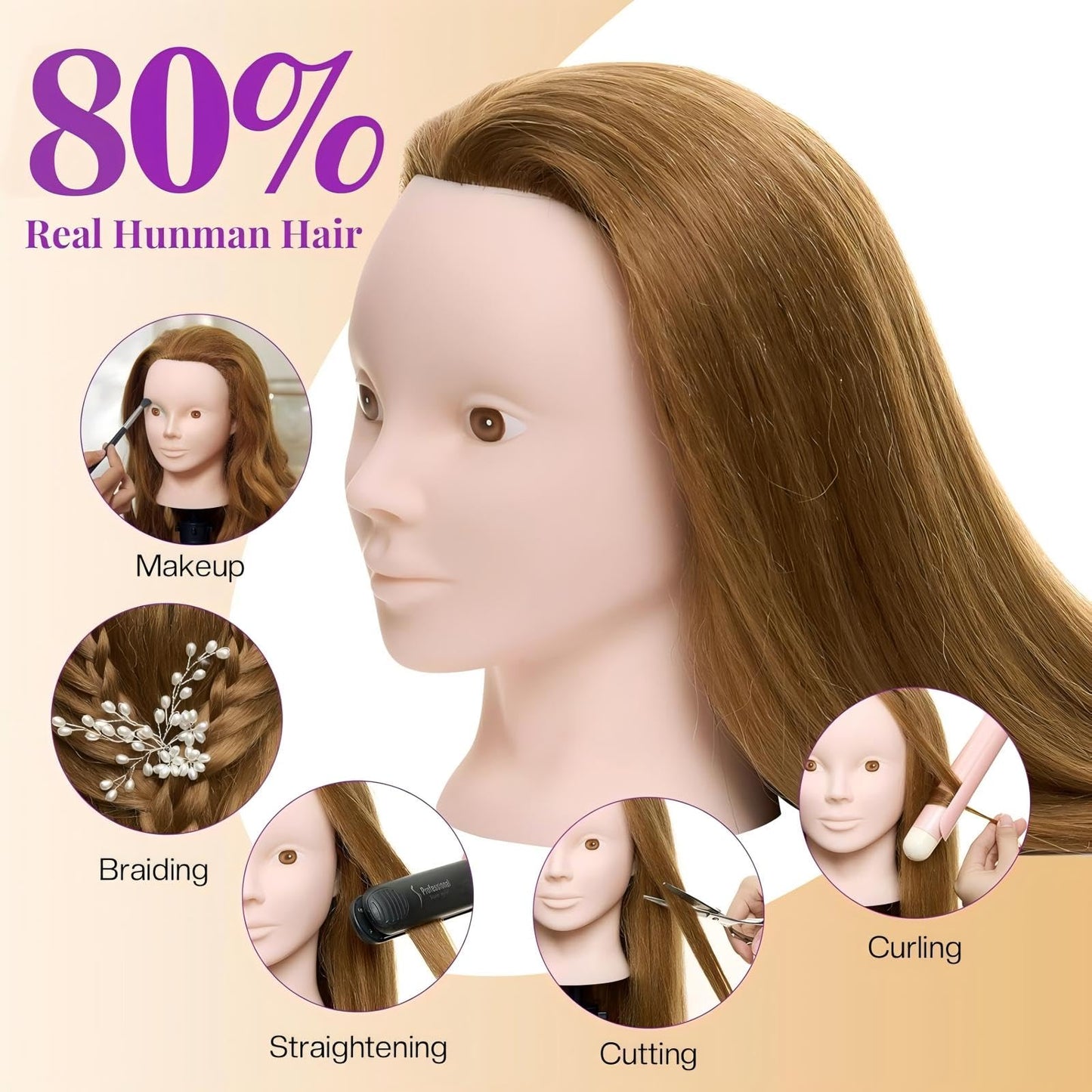 White Smoke Mannequin Head with 80% Real Human Hair with Tripod Stand - 28" Makeup Cosmetology Manikin Doll Head for Hair Styling, Hairdressing Training Head for Braiding Practice Suitable for Hair Extensions