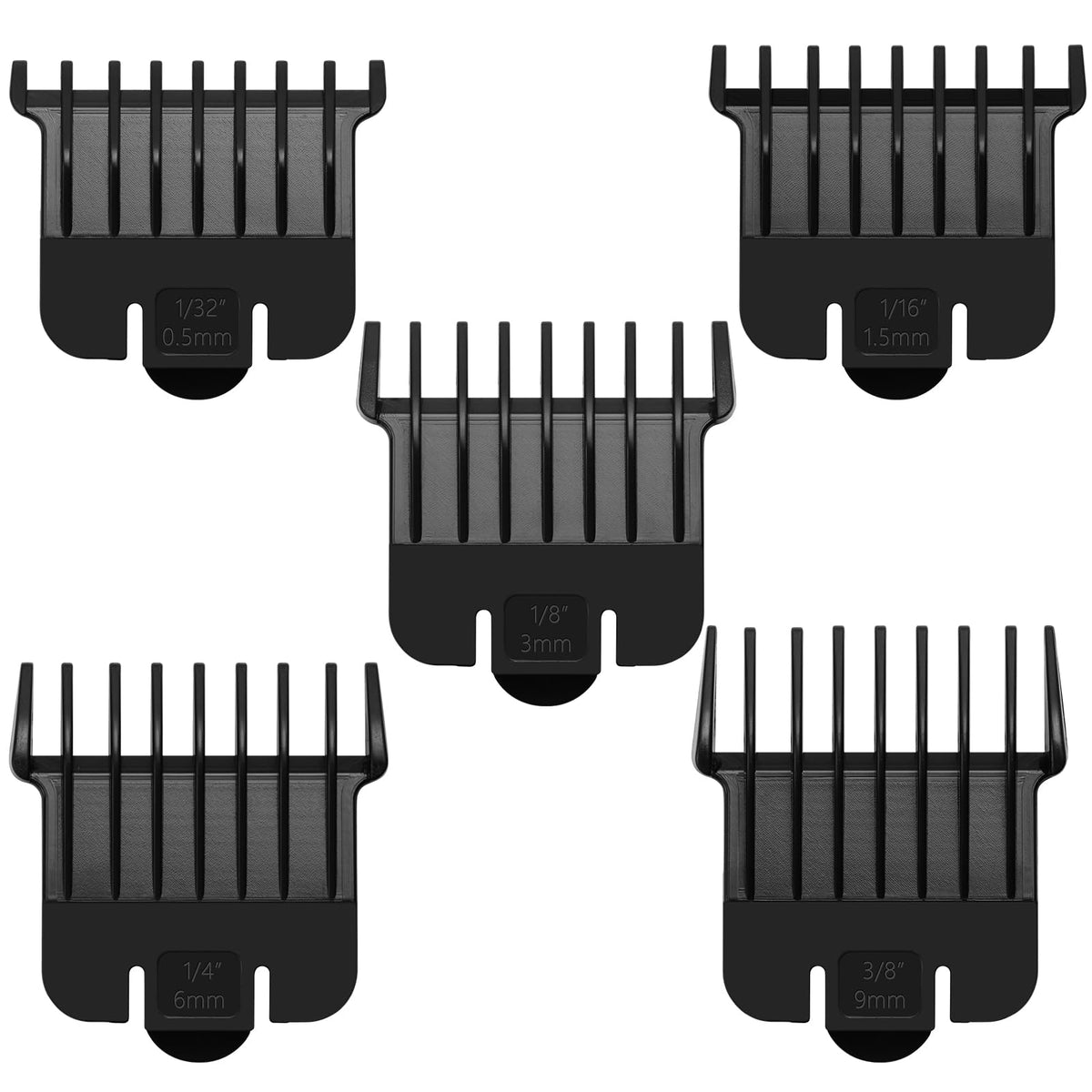 5 Pack T Outliners Guards Fit for Andis T Outliner Trimmer, Replacement Trimmer Guards Cutting Lengths from 1/32"-3/8" Inch Fit Andis T Outliner #04710#04521 Blade Snap-on Attachment Combs Set, Black