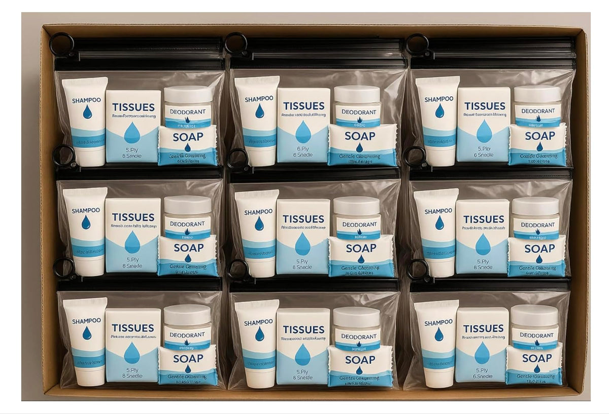 White Smoke Bulk 50 Deluxe Hygiene Care Packages – 23-Piece Unisex Toiletry Bags with Individually Wrapped Travel-Size Essentials in Waterproof Pouch for Homeless Outreach, Shelters, and Charity Donations