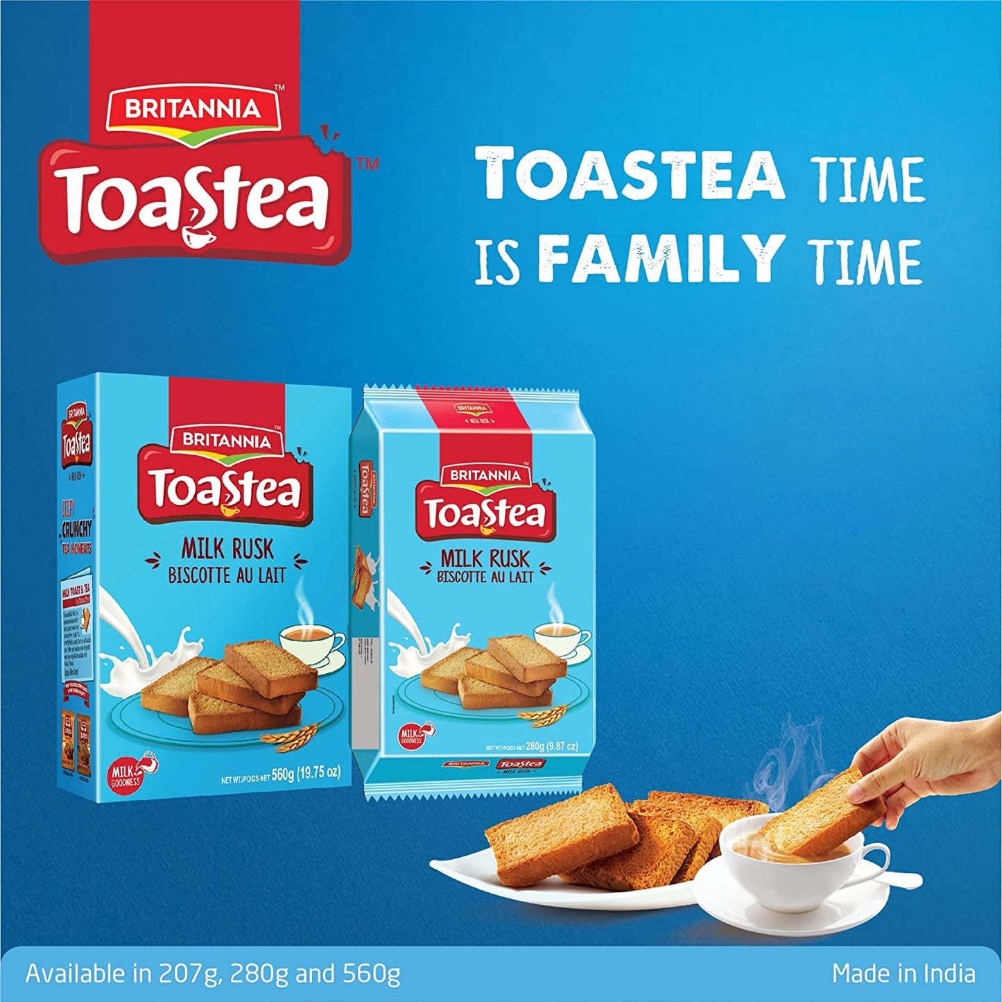 Steel Blue Britannia Toastea Milk Rusk 9.87oz (280g) - Biscotte Au Lait - Crispy, Crunchy Tea Moments - Breakfast & Tea Time Snacks (Pack of 6)