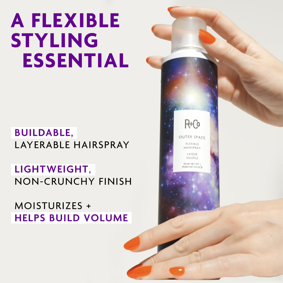 Lavender R+Co OUTER SPACE Flexible Hairspray, 2.2 oz/75 mL, Rosy Eyed Scent