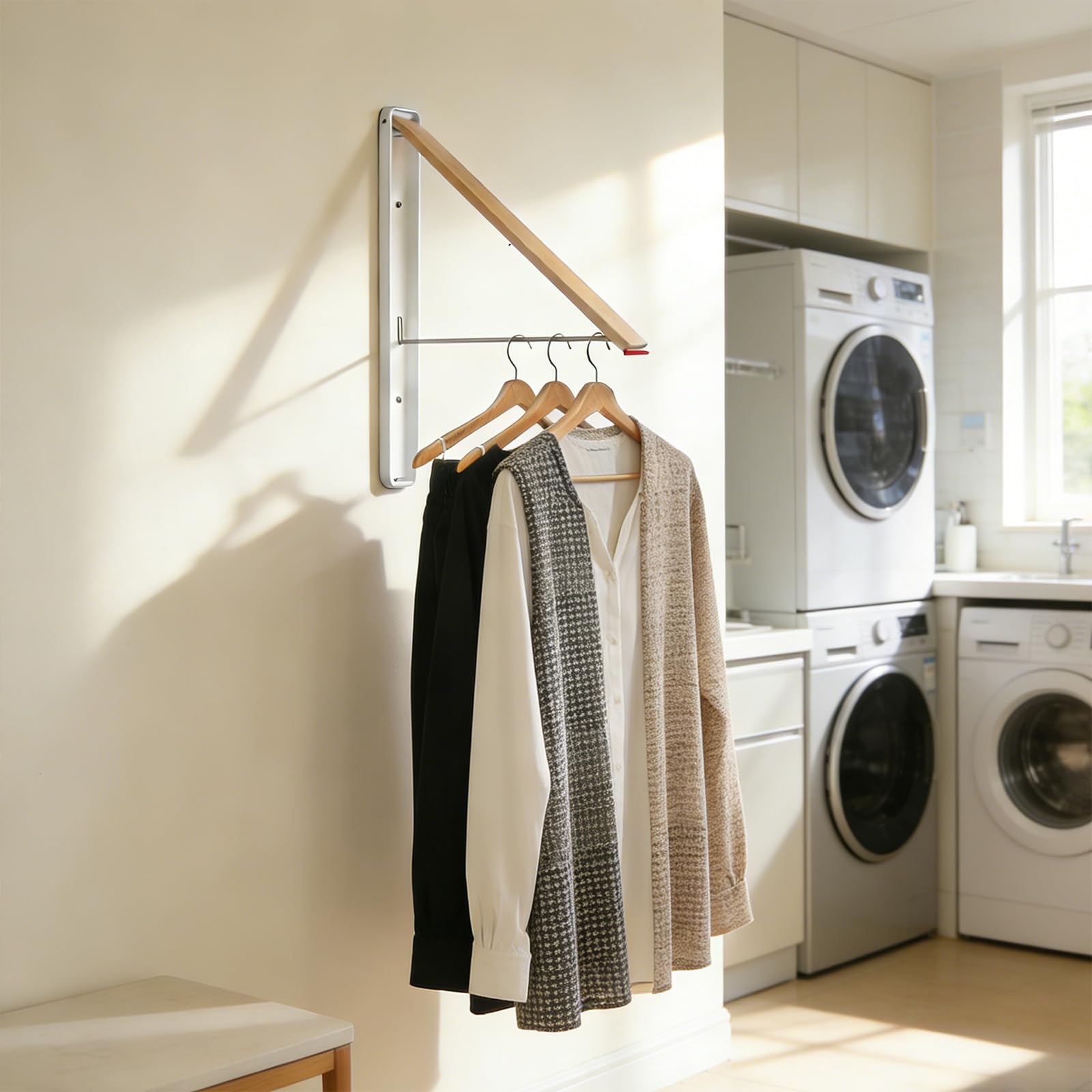Gray Kolovbe Clothes Drying Rack Wall Mounted for Laundry, Retractable & Foldable Clothes Hanger, Indoor Outdoor Wall Dryer Rack Organization for Dorm, Closet, Apartment, Balcony, Laundry, Rv, Alcove, Wood
