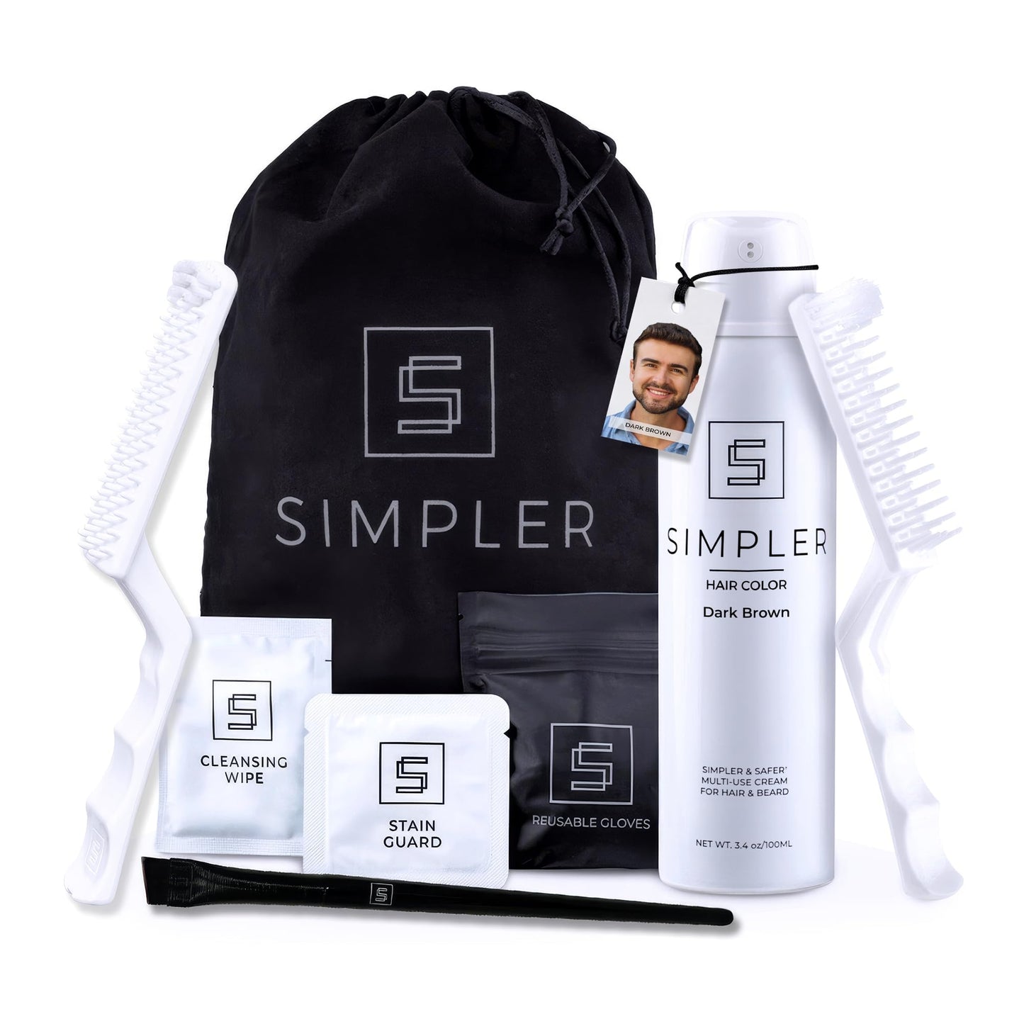 White Smoke Simpler Hair Color Dark Brown Mustache and Beard Upgraded Brush Kit with 3 Brushes Included for Precision Application - Gentle, Natural Looking Beard Coloring for Men