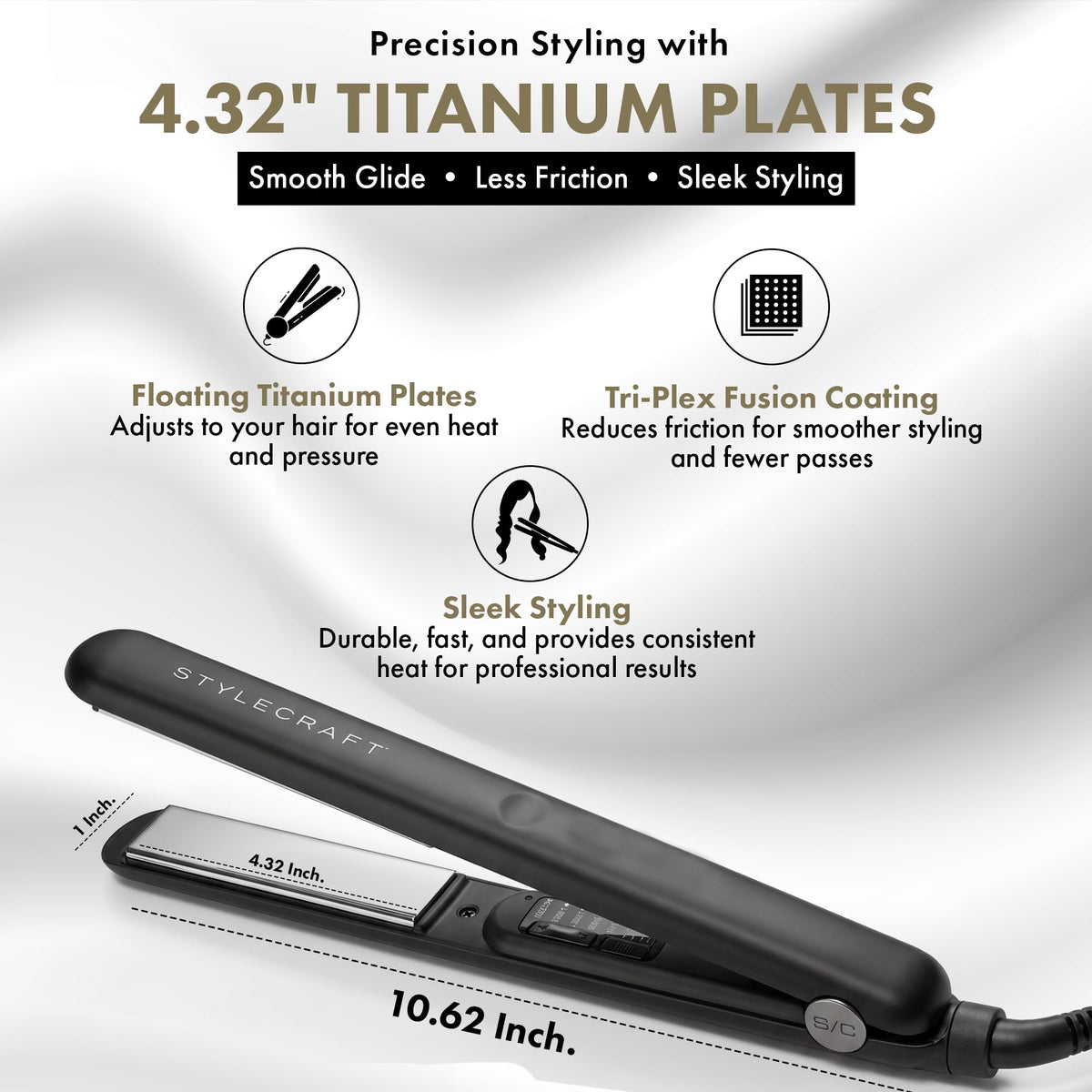 White Smoke StyleCraft Stay Temp Professional 1" Titanium Flat Iron Hair Straightener