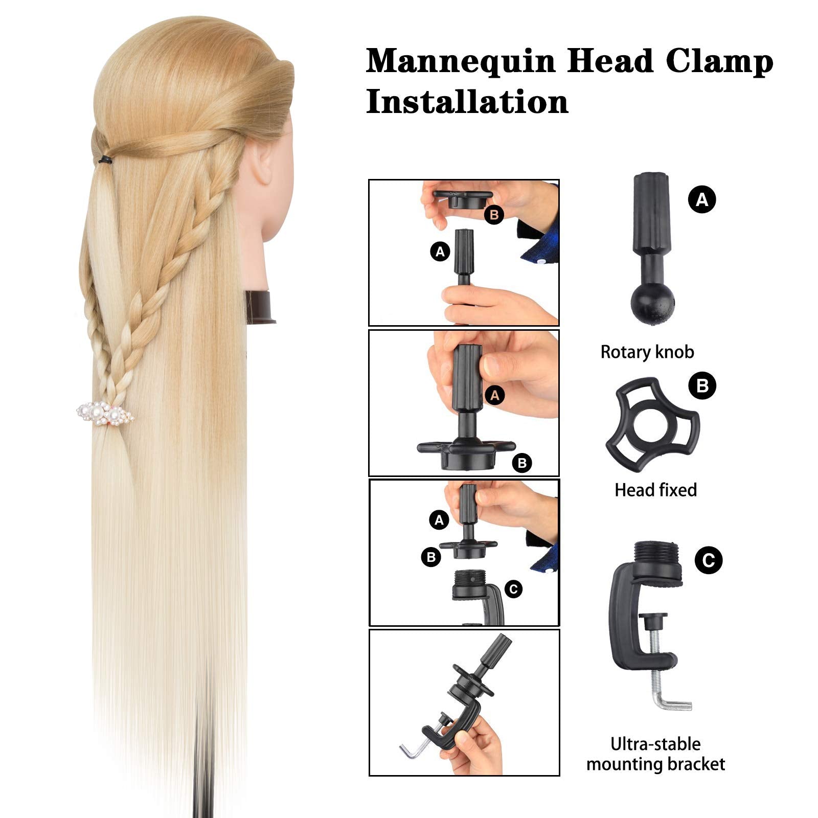 White Smoke DANSEE 28" Mannequin Head Synthetic Hair Hairdresser Training Manikin Cosmetology Doll Head Blonde with DIY Braiding Set+ Free Table Clamp(27-613)