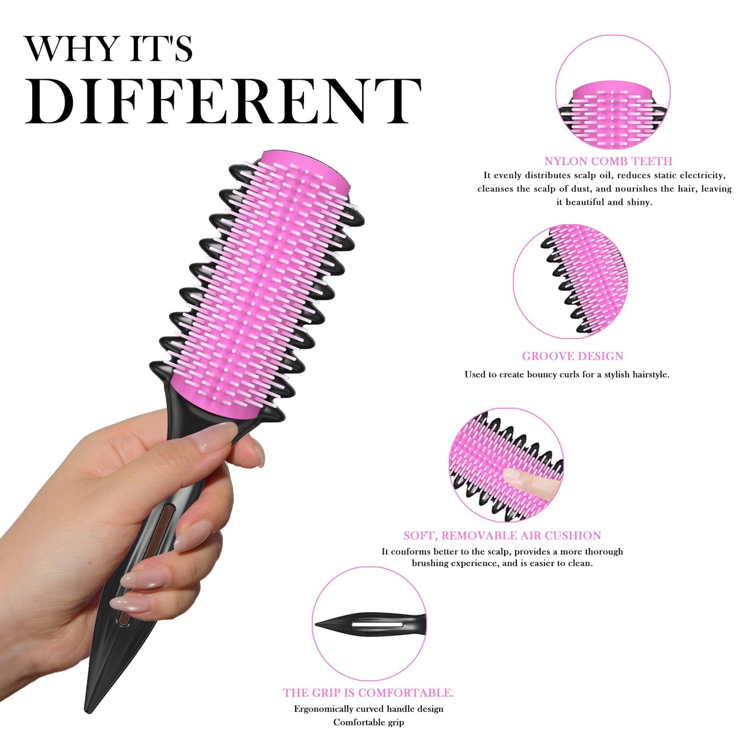 White Smoke Curl Defining Brush – Detangling Brush – Includes 3 Hair Styling Tools for Wet or Dry Use – Daily Curl Care to Create Stylish – Smooth Curls for Men – Women and Kids (Pink)