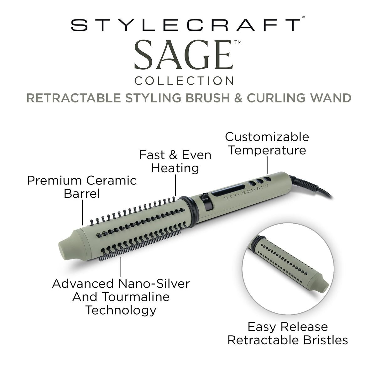 White Smoke StyleCraft Sage Ceramic Styling Tools – 2-in-1 Retractable Bristle Brush & Triple Barrel Deep Waver with Tourmaline Technology