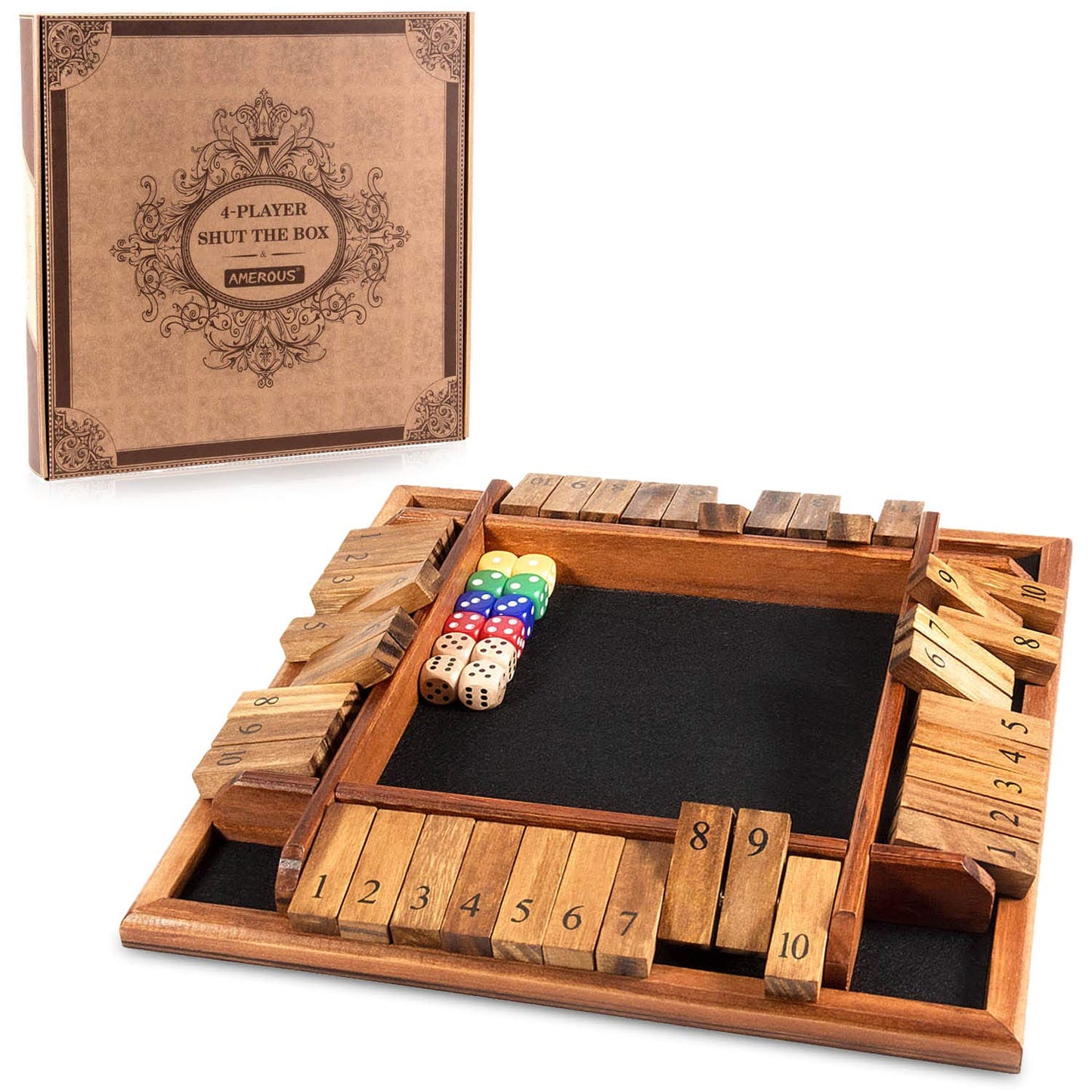 White Smoke AMEROUS 1-4 Players Shut The Box Dice Game, Wooden Board Table Math Game with 12 Dice and Shut-The-Box Instructions for Kids Adults, Family Classroom Home or Pub (12 Inches)