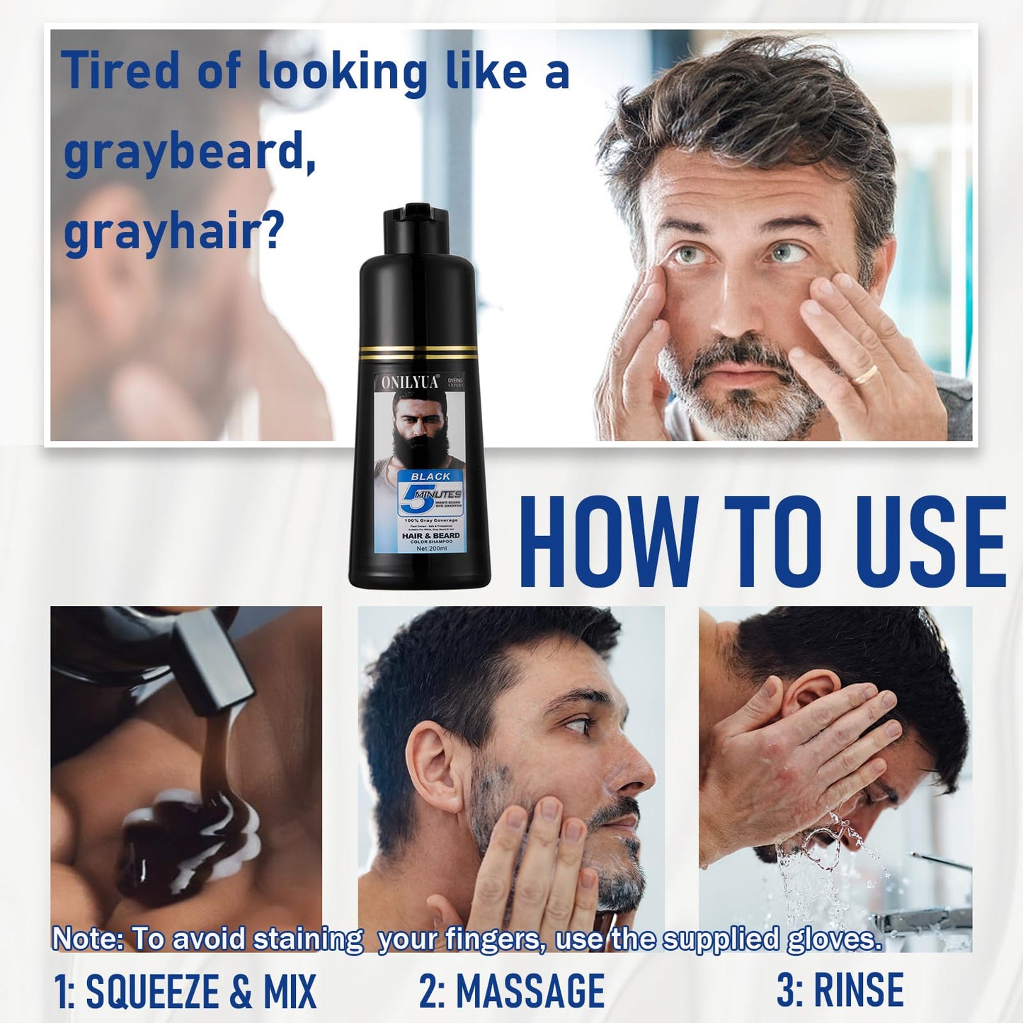 White Smoke Men's Long-Lasting Black Hair Dye & Root Touch Up for Gray Coverage - 5 Minute Natural Beard & Mustache Coloring Shampoo 3-in-1