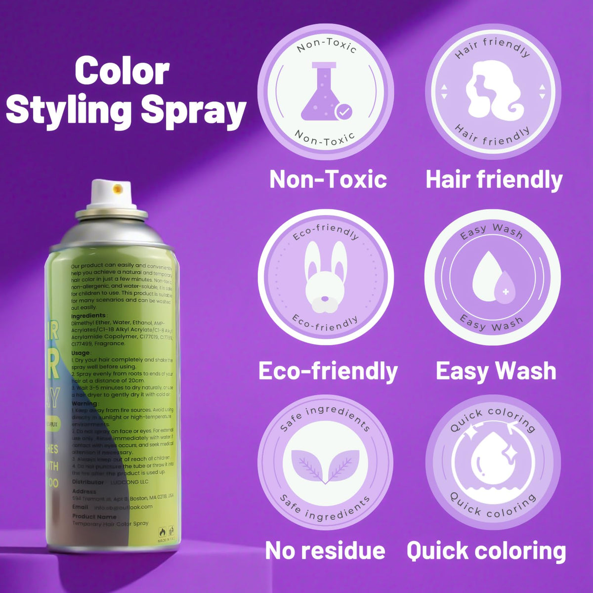 Dark Orchid Seaboll Purple Temporary Hair Color Spray, Instant Vibrant Color, 4.06 oz