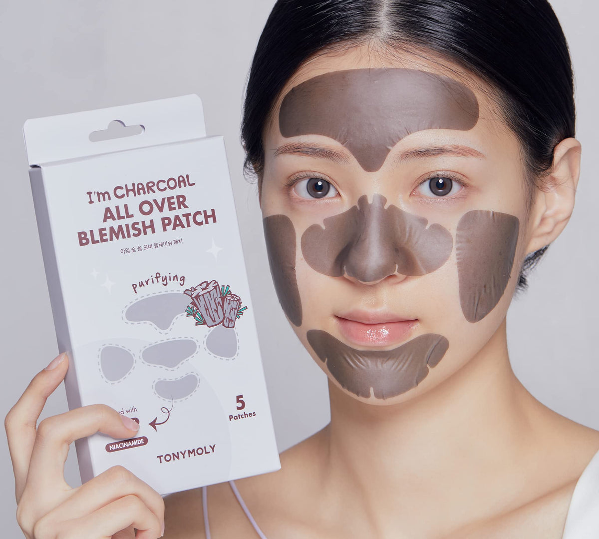 Gray TONYMOLY I'm Charcoal All Over Blemish Patch - Full Face Hydrocolloid Patches with Charcoal, Niacinamide & Salicylic Acid for Forehead, Nose, Cheeks & Chin, 5 Ct