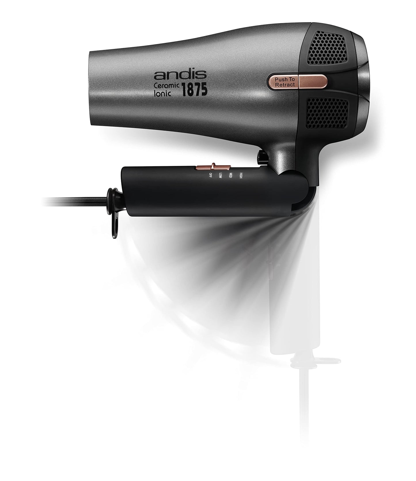 White Smoke Andis 80280 Fold-n-go 1875 Watt Ceramic Ionic Dryer, Retractable Cord, Lightweight with Professional Blowout Results, Quick Drying Blow Dryer, Black/Silver