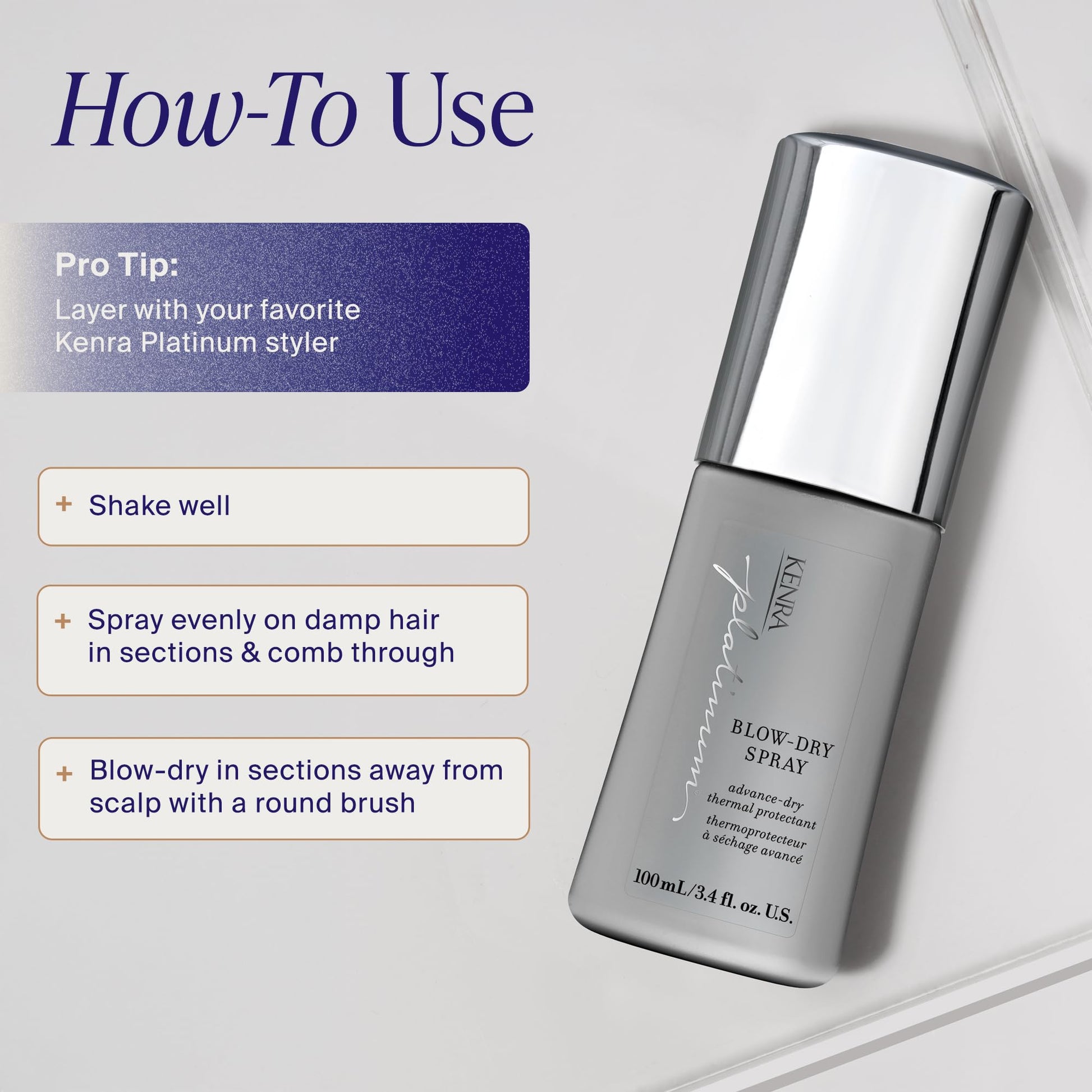 Light Gray Kenra Platinum Blow-Dry Spray | Time-Saving Heat Protectant | Detangles, Smooths, and Softens | Eliminates Frizz & Resists Humidity | Medium To Coarse Hair | 3.4 fl. oz