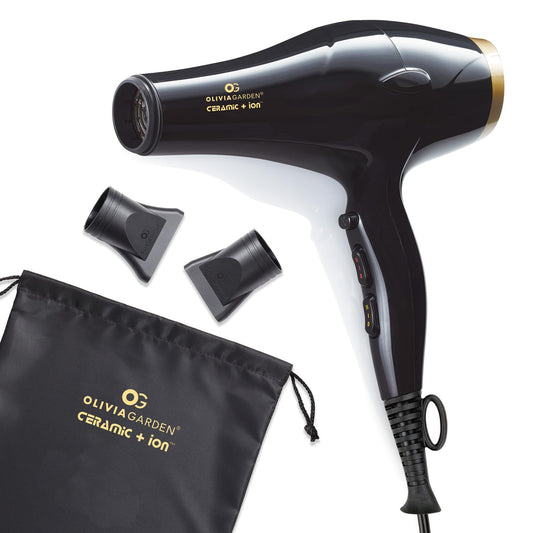 White Smoke Olivia Garden 1875W Ceramic + Ion Professional Hair Dryer for Men and Women - Fast Drying Blow Dryer - Powerful Ionic Generator - 3 Heat Settings - with 2 Nozzles and Storage Bag - (Black/Gold)