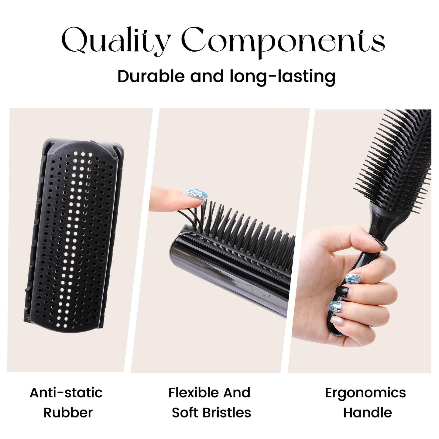 White Smoke Koeuoi Classic Curly Hair Brush - 9 Row All Black Styling Brush for Styling, Smoothing Longer Hair and Defining Curls .For Women and Men Wet or Dry Hair.