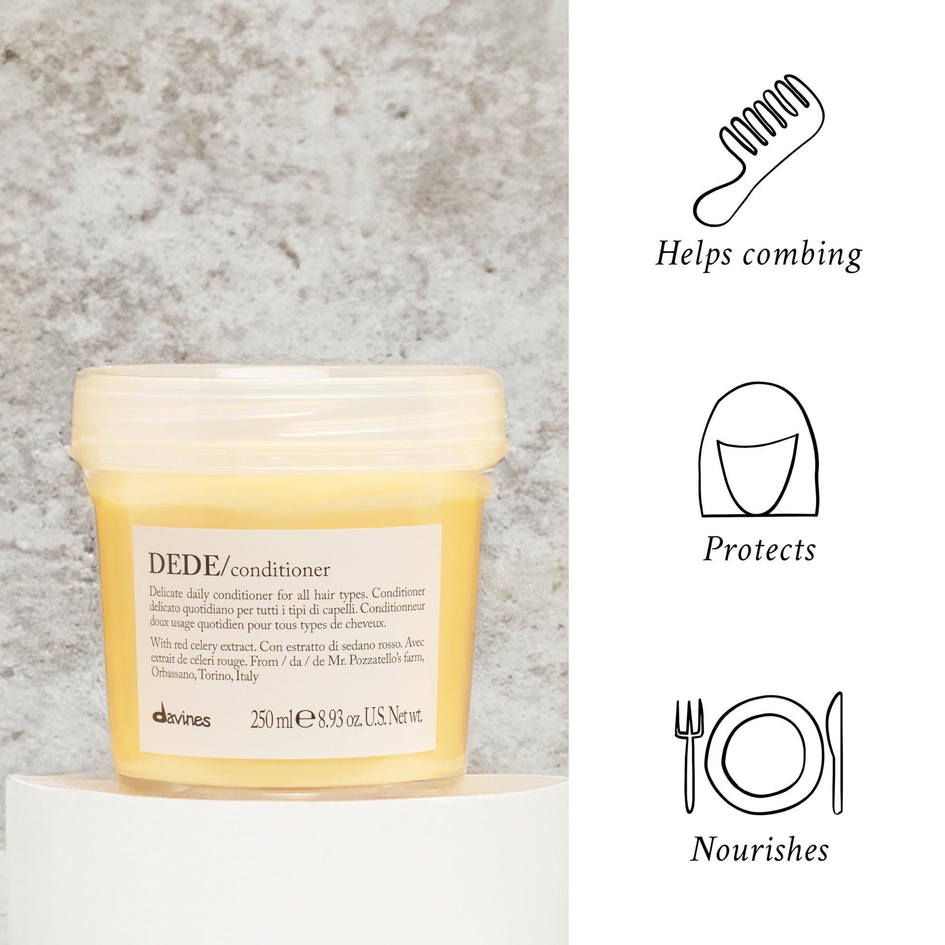 White Smoke Davines DEDE Conditioner, Daily Lightweight Moisturizing Formula for Medium Fine & Fine Hair - Gentle Mineral-Rich Detangler to Soften & Untangle with Red Celery Extract, Weightless, 8.45 Fl Oz