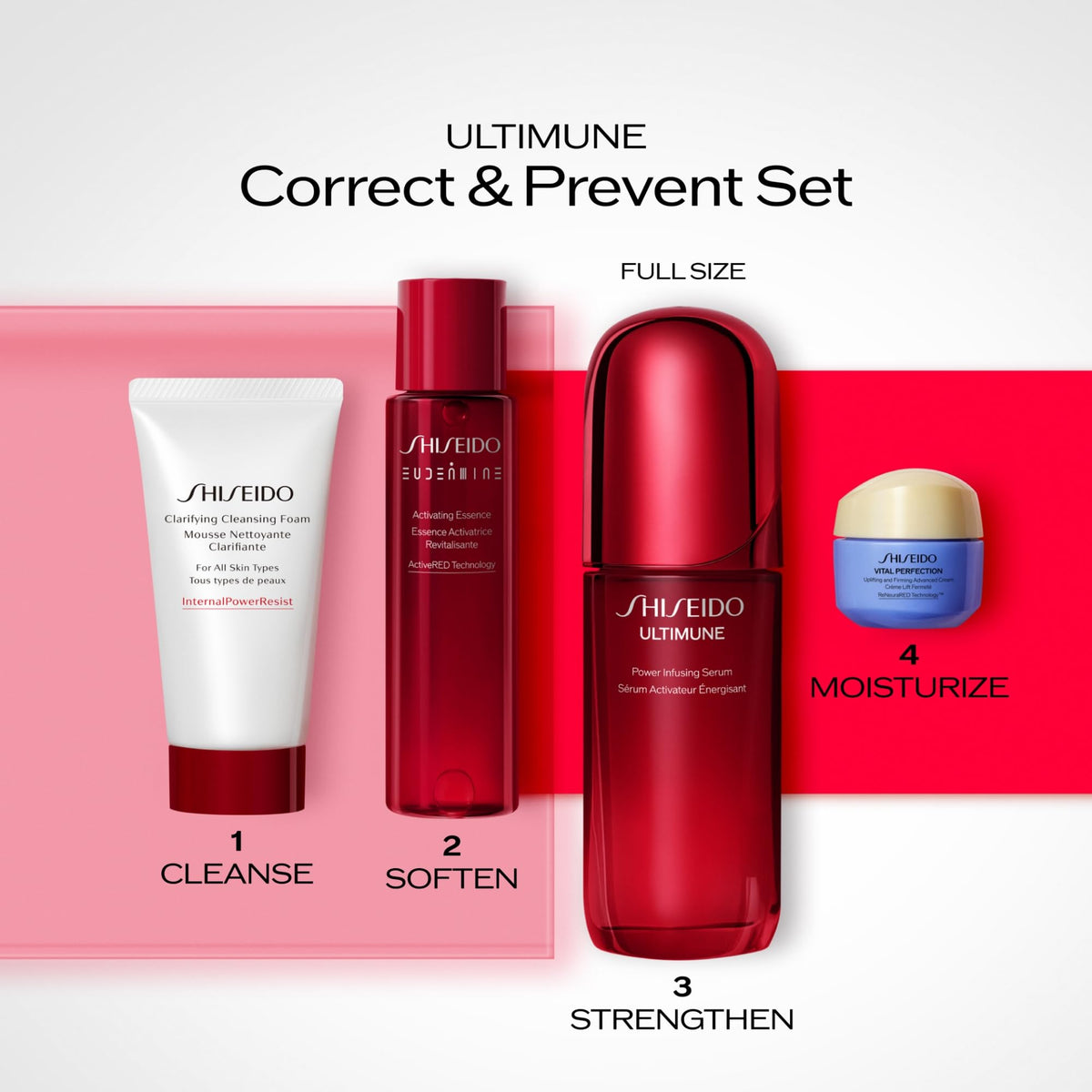 White Smoke Shiseido Correct & Prevent Set - Clarifying Cleansing Foam (50mL), Eudermine Activating Essence (70mL) Ultimune Power Infusing Serum (75mL) & Vital Perfection Advanced Cream (15mL) - $266 Value