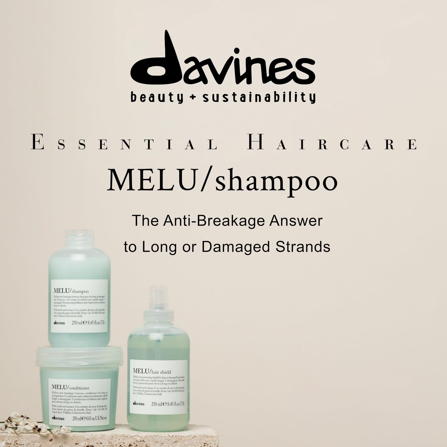 Light Gray Davines MELU Shampoo, Elasticizing Anti-Breakage Gentle Cleansing Action for Long or Damaged Hair - Gives Lustrous, Reinforced, Shiny, and Soft Strands with Villalba Lentil Seeds, 8.45 Fl Oz