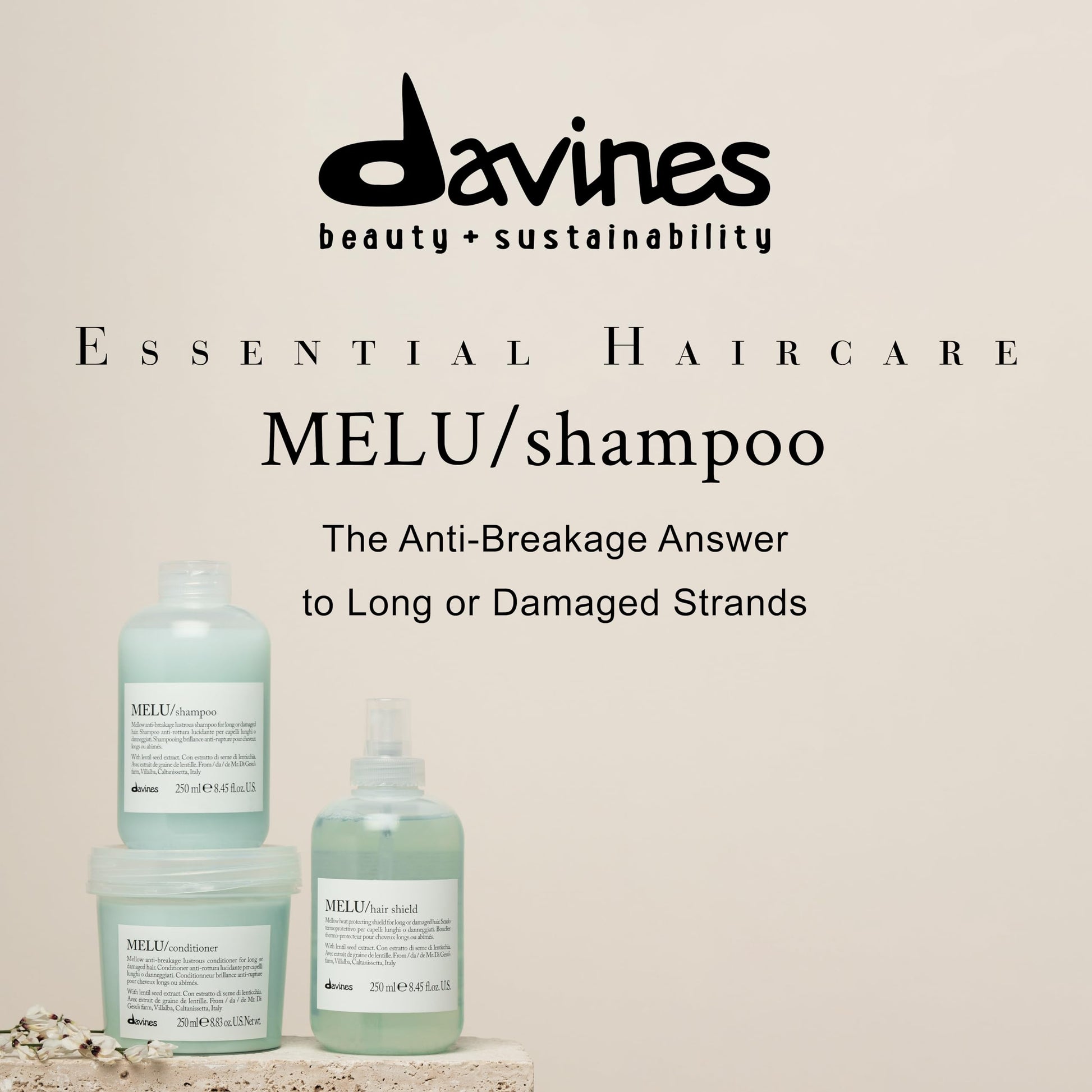 Light Gray Davines MELU Shampoo, Elasticizing Anti-Breakage Gentle Cleansing Action for Long or Damaged Hair - Gives Lustrous, Reinforced, Shiny, and Soft Strands with Villalba Lentil Seeds, 8.45 Fl Oz