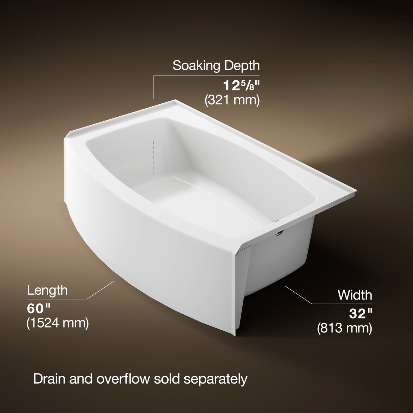 Dark Slate Gray KOHLER 1100-RA-0 Expanse 60" x 32" Acrylic Alcove Bathtub with Right-Hand Drain, Compact Design Soaking Tub, White