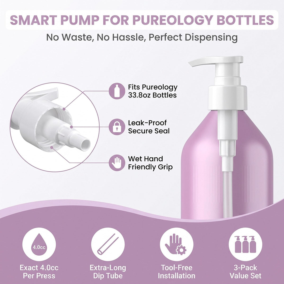 White Smoke 3 Pack Liter Pump for Pureology Shampoo and Conditioner 33.8 oz Bottles, Liter Shampoo Pump for Pureology, Pump for Shampoo Bottle 33.8 oz Pumps Dispenser