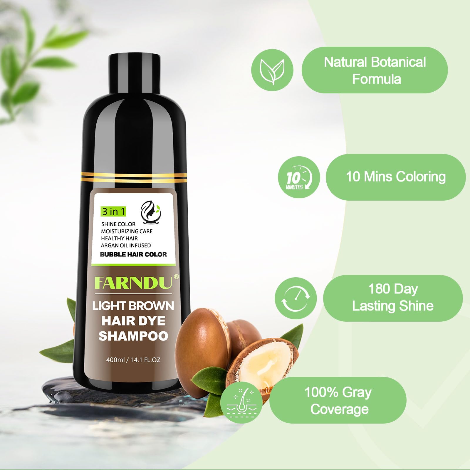 White Smoke FARNDU Light Brown Hair Dye Shampoo 3 in 1 with Argan Oil – 10-15 Min Gray Coverage, Natural Instant Hair Color Shampoo for Women and Men, Ammonia & Paraben Free, Long-Lasting Up to 6 Months
