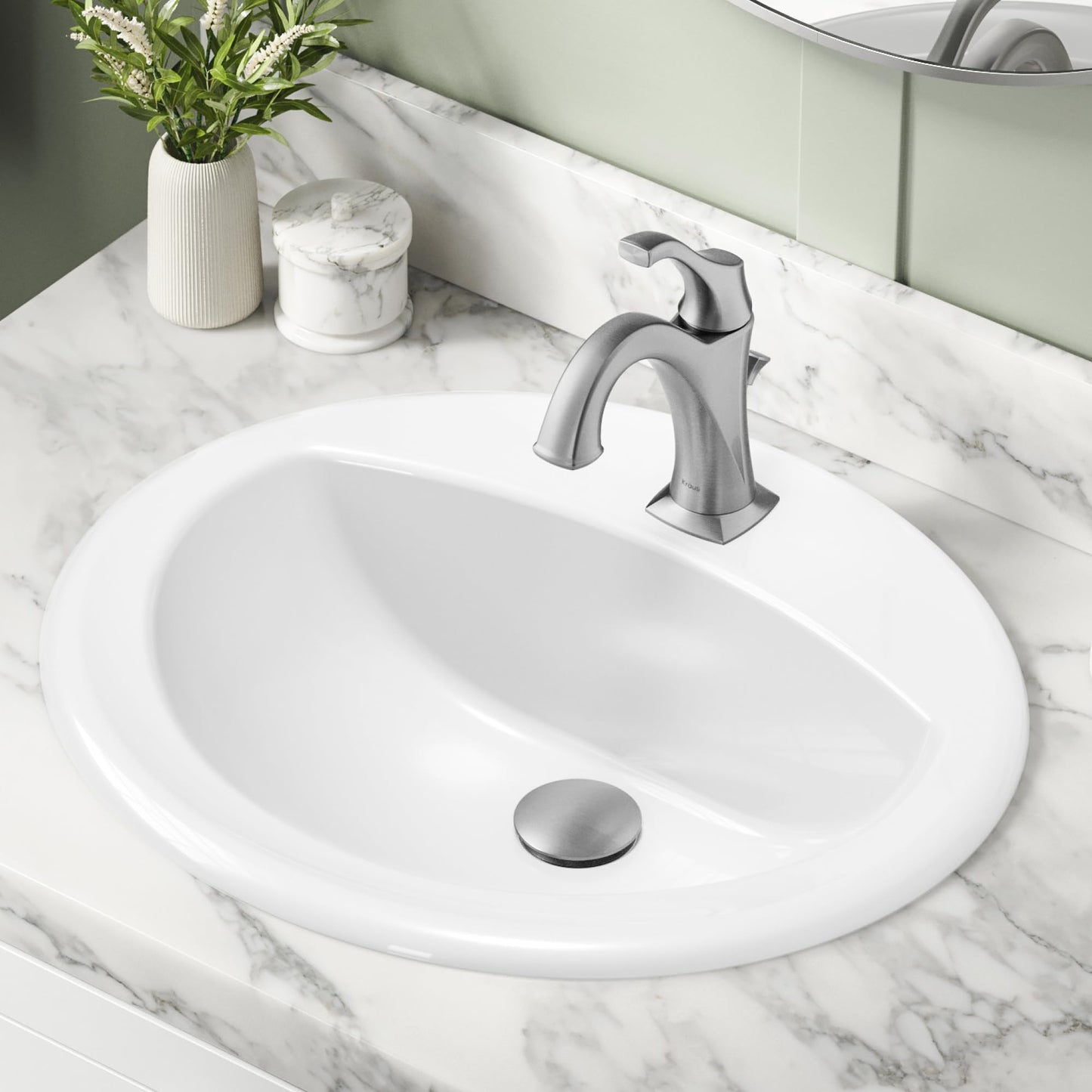 Lavender KRAUS Elavo 20.5 in. Oval Porcelain Ceramic Self-Rimming Drop In Bathroom Sink in White with Overflow Drain, KCT-100