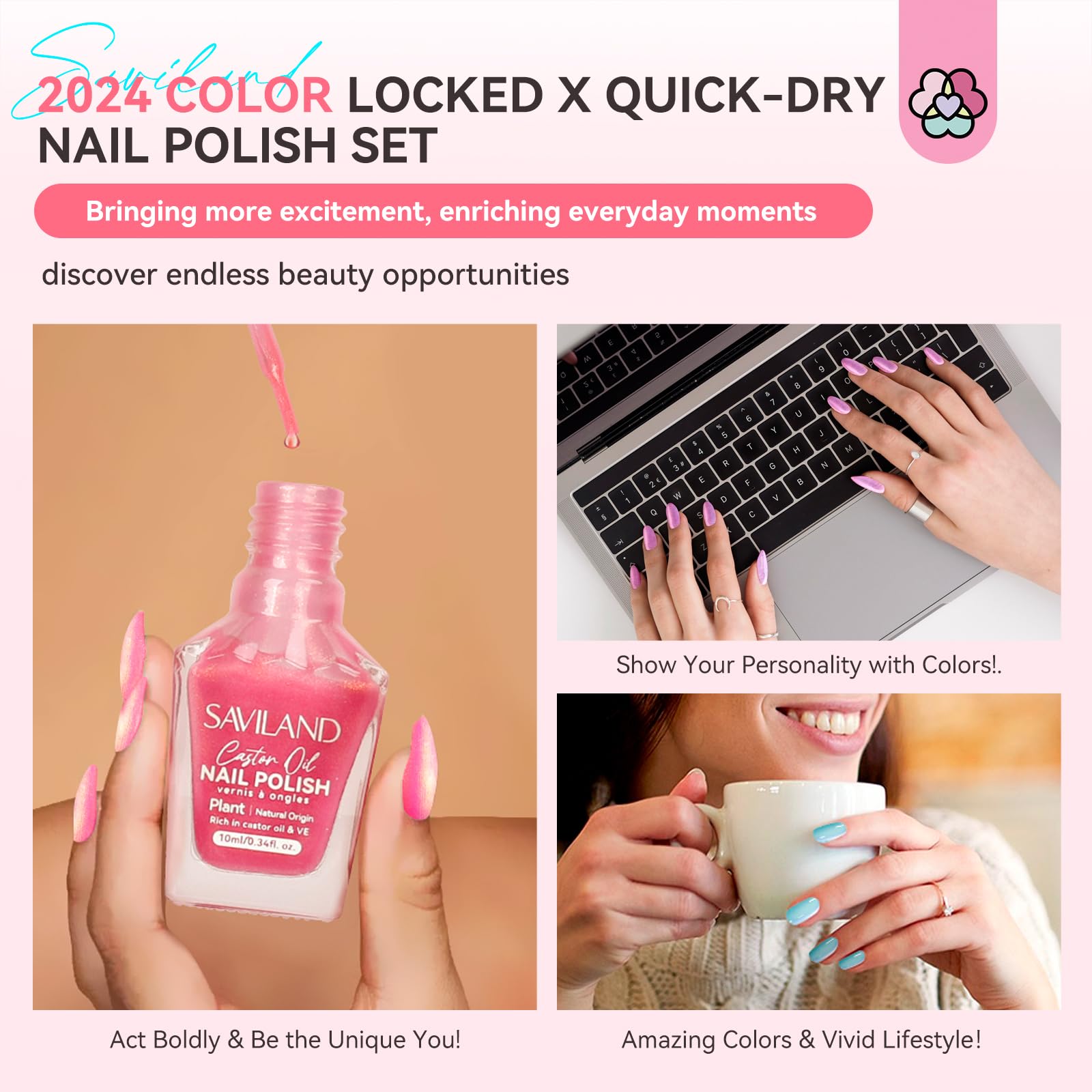 Misty Rose SAVILAND 6pcs Ombre Nail Polish Sets: Charm Pink Blue Gold Purple Pearl Summer Fingernail Polish Colors Air Quick Dry Nail Polish Plant-base Castor Oil Natural Nail Lacquer Women Home Manicure DIY