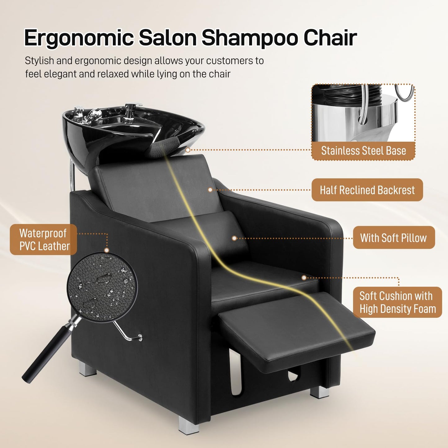 Seashell Winado Shampoo Backwash Barber Chair with Ceramic Hair Wash Bowl Sink, Adjustable Leg Baffle, Reclining Shampoo Station Chair for Barbershop Beauty Spa Massage Hairdressing Equipment, Black