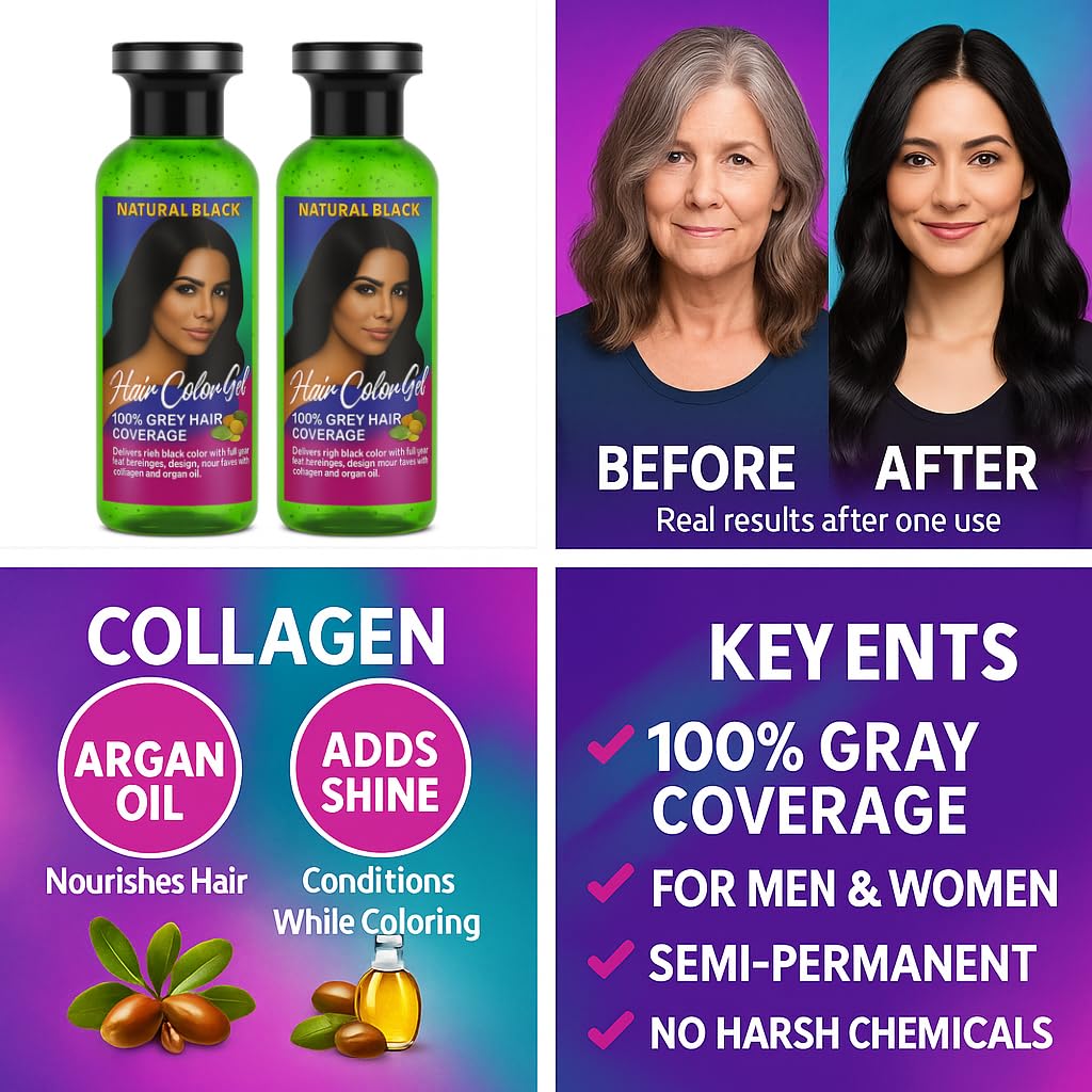 White Smoke Hair Dye – Natural Black – 2-Part Gel with Collagen & Argan Oil – No Ammonia – 100% Gray Coverage – Long-Lasting Semi-Permanent Hair Color for Men & Women