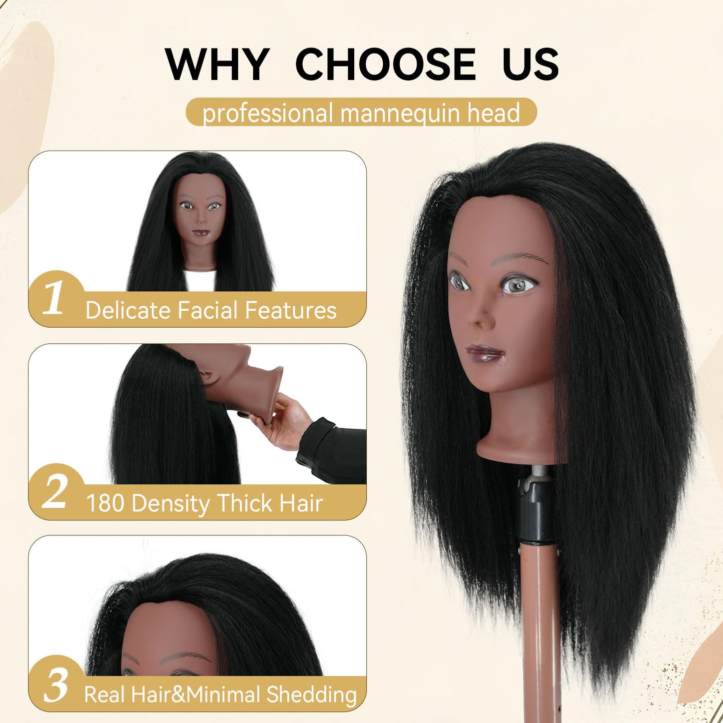 Seashell Mannequin Head with Human Hair 16'' Cosmetology Manikin Doll Head with 100% Real Human Hair Trainning Head for Hairdresser Practice Braiding Hair Styling with Clamp Stand