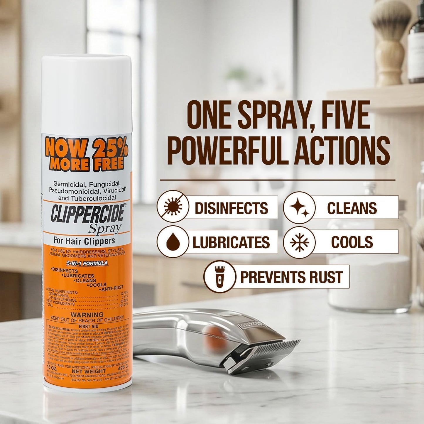 Light Gray CLIPPERCIDE 5-in-1 Clipper Disinfectant Spray 15oz, 3 Pack | Cleans, Lubricates, Cools, Prevents Rust & Disinfects | Professional Clipper Spray for Barbers, Stylists & Pet Groomers | Made by BARBICIDE