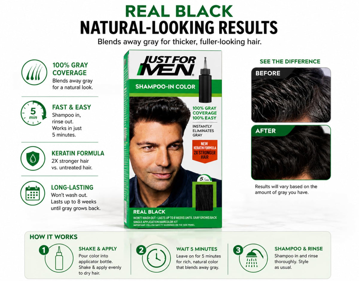 White Smoke JUST FOR MEN Hair Color H-55 Real Black 1 Each (Pack of 5)