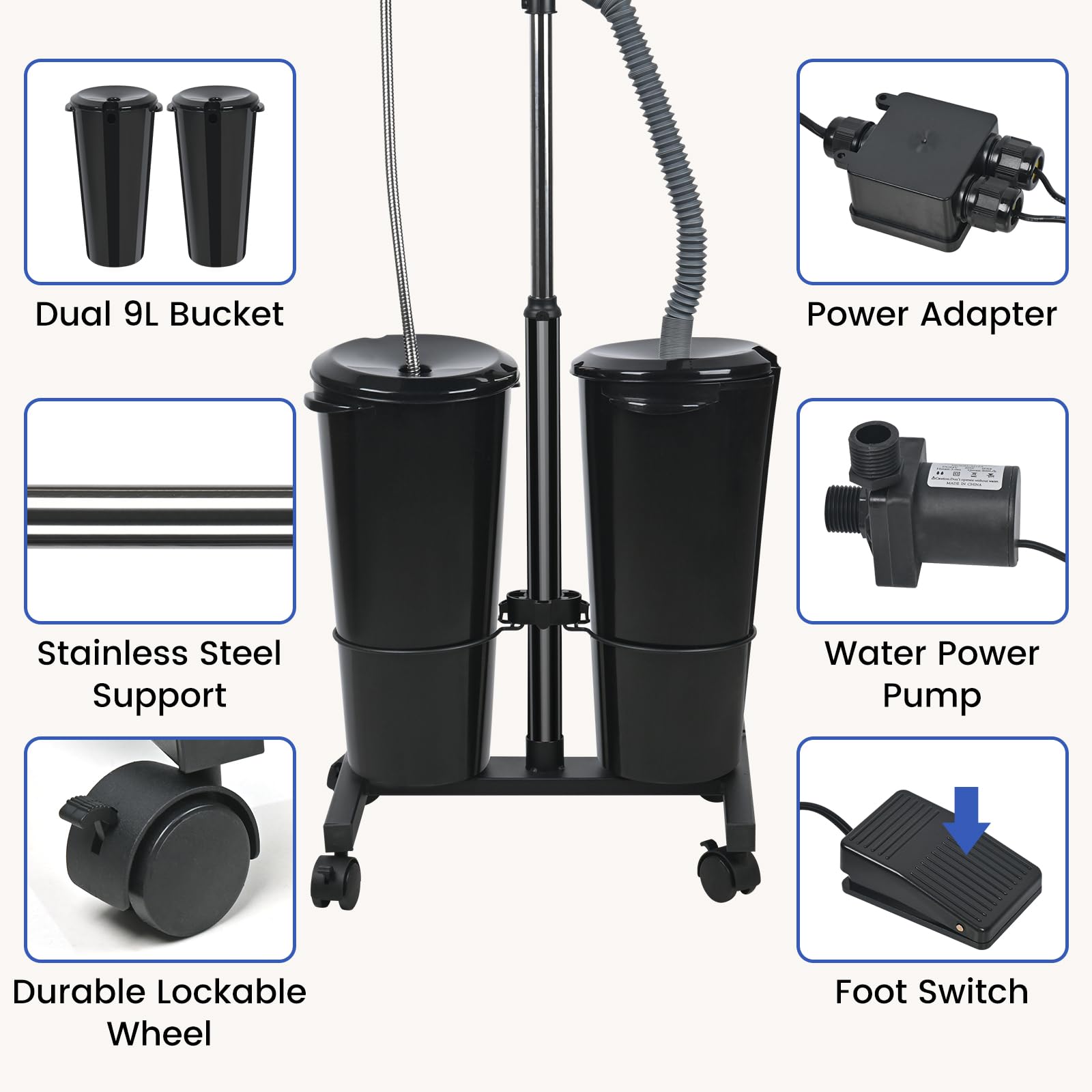 White Smoke Togarhow Portable Shampoo Bowl Height Adjustable Hair Washing Station with Electric Pump Dual-Bucket Portable Shampoo Sink with Sprayer for Home Salon Barber Use (Black)